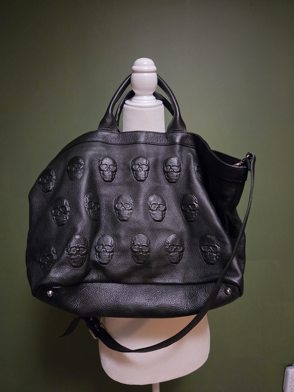 Black Embossed Skull Leather Tote Bag - Men